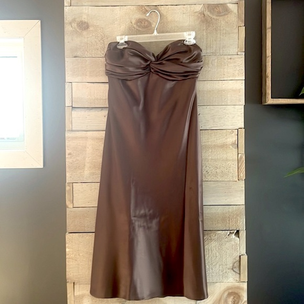 Chocolate Brown satin MIDI length formal dress.